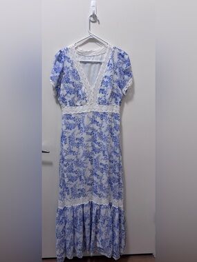 Taylor Blue & White Floral Lace-Trim Maxi Dress